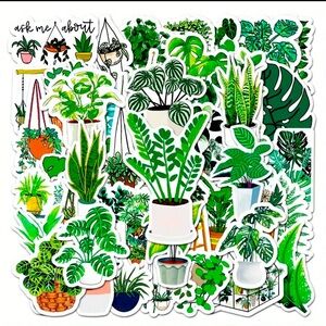 Set of 50 Green Plants Stickers Pots Leaves